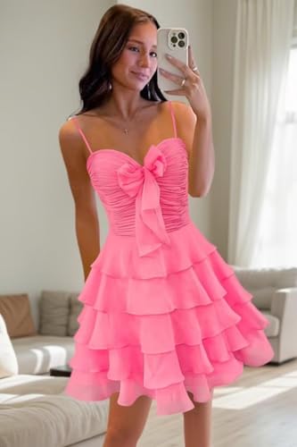 Short Homecoming Dress for Teens Spaghetti Straps Tiered A-Line Chiffon Formal Evening Gowns BO324