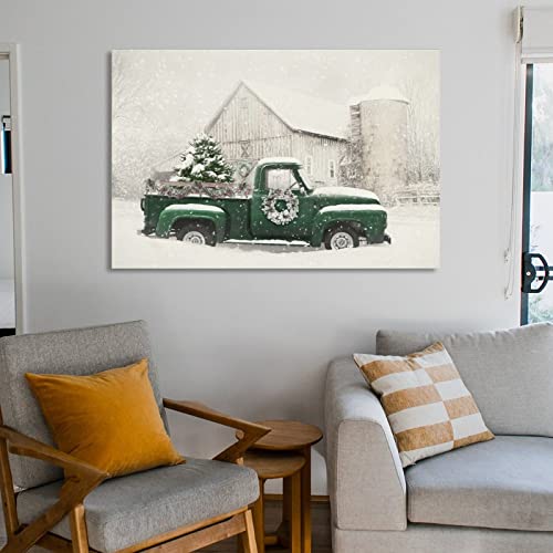 Rustic Nativity Scene Wall Art White Old Barn Wall Art Green Antique Pickup Truck Wall Art Canvas Posters Prints Picture For Living Room Bedroom Office Kitchen Decor 12X18Inch(30X45Cm) Frame-Style #TOP5
