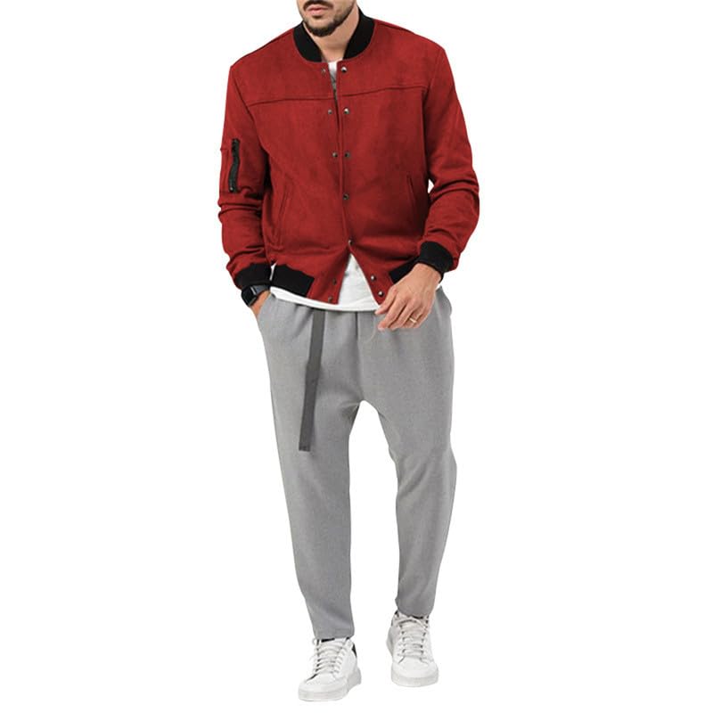 Image of Mens Faux Suede Bomber Jacket Varsity Jacket Windbreaker Vintage Casual Lightweight Leather Coats Jackets