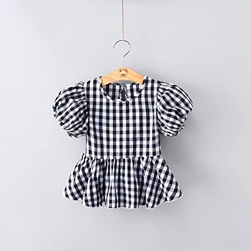 Baby Girls Summer Crewneck Puff Short Sleeve Plaid Blouse Shirt Toddler Kids Ruffle Peplum Smock Crop Tops Trendy Soft2