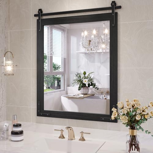 JIINGYO Farmhouse Bathroom Mirror, 24x30 Inch Black Vanity Mirror for