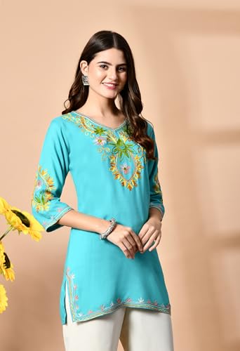 Image of LIBOZA Embroidered Kashmiri Tunic Top, Short Kurti for Women on Jeans, V-Neck, 3 /4 Sleeve, Floral Design,