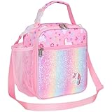 Bagseri Kids Lunch Bag with Shoulder Strap - Insulated Lunch Bag for Girls with Water Bottle Holder Reusable Lunch Tote Bag for School Kids Lunch Box for Girls, Pink Glitter Unicorn