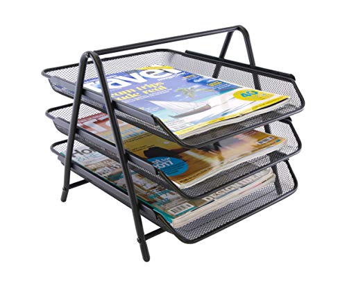 OSCO Black Wiremesh Three Tier Letter Tray | Document Storage | A4 Filing | Paper Organiser | Office Desk File Sorter | Easy Assembly | H26.5 x W27.8 x D35.5 cm |