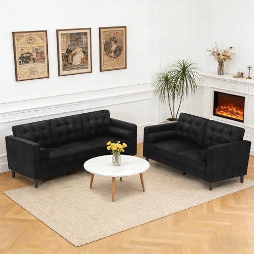 Image of Suede Leather Upholstered Sofa Set with Tufted Backrests, Black | 3 Seaters Couch and Loveseat Sofa with Bolster Pillows, 2 Pieces Living Room Set for Living Room, House