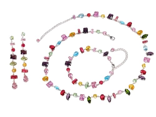 UUONLY 925 Silver Plated Rainbow Crystal Necklace, Sparkly Cubic Zirconia Rhinestone Multicolor Chain Choker Bracelet Earring Jewelry Set (Necklace+Bracelet+Earrings) by UUONLY - Used condition - US$18.00