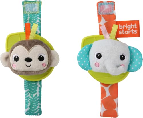 Image of Bright Starts Rattle & Teethe Wrist Pals Toy - Monkey & Elephant, Newborn, 2 Count (Pack of 6)