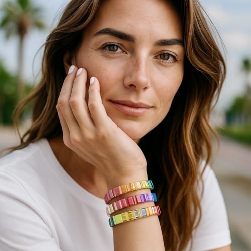 3pc Stretch Bracelet Set - Festive Red White Blue Enamel Tile Bead Bracelet Stack - Trendy Stackable Lightweight Waterproof3