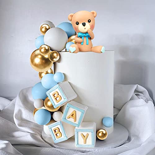 Bear Cake Toppers Mini Bear Cake Decorations Blue Baby Letter Cake Toppers Gold Blue White Pearl Ball For Baby Shower Boy Birthday Party Teddy Bear Theme Party Supplies (Blue Baby) #TOP4