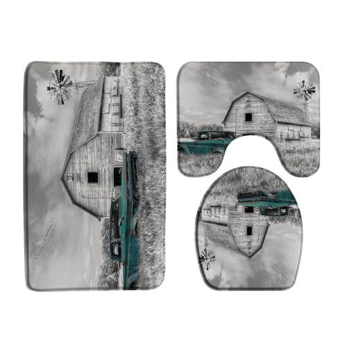 Vintage Farm Truck 3 Pcs Bath Rugs Set,Rustic Wooden Barn Old Antique Car Farmhouse Windmill American Country Bathroom Kitchen Rug with 17.8