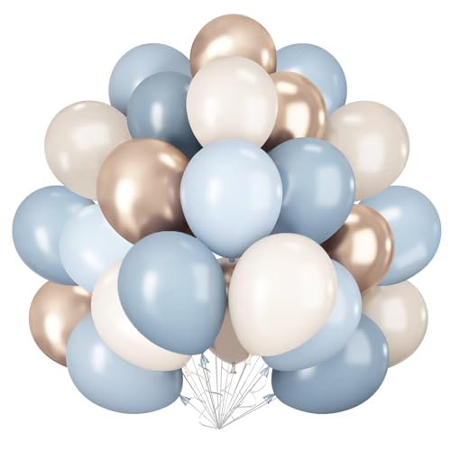 Ballons Bleu Beige Or, 60 Pièces Ballons Anniversaire Latex Ballon Bleu Poussiéreux Pastel Beige, Bluey Or Helium Ballon Décoration Du Parti Pour Baby...