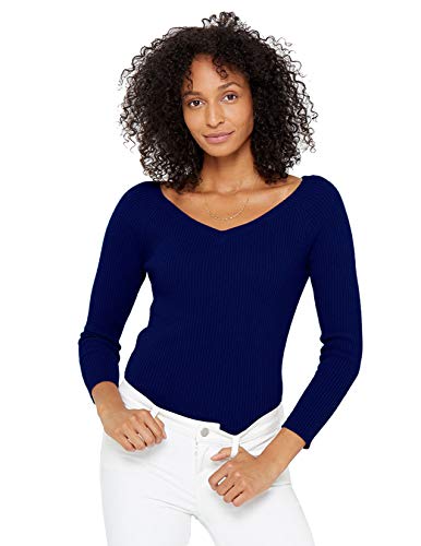 State Cashmere Women's 100% Pure 2-Ply Cashmere Easy V-Neck Sweater Ribbed Long Sleeve Pullover (Navy,Medium)