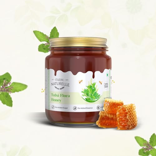 Image of Farm Naturelle Tulsi Forest Flower Wild Honey 300gm|100% Pure Honey | Raw & Unfiltered|Unprocessed|Lab Tested Honey In Glass Jar with Engraved Virgin Wooden Spoon
