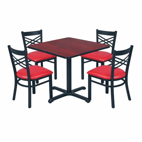 Kratos Commercial 30" Square Cherry/Black Laminate Table Set with X-Base and 4 Cross Back Metal Chairs and Red Seat | Restaurants, Bars, Dining Halls | - (32Q-051)