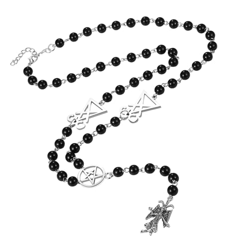 OIDEA Baphomet Satanic Rosary Necklace: Gothic Pentagram Leviathan Satan Goat Lucifer Sigil Necklace Black Beaded Chain Necklace Satanic Jewelry Jewelry Gifts for Women Men