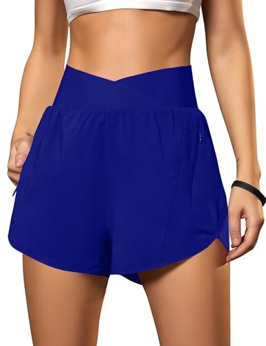 Blooming Jelly Women's Workout Shorts Athletic Running Elastic High Waisted Black Gym Yoga Shorts with Zipper Pockets (Royal Blue,Medium)