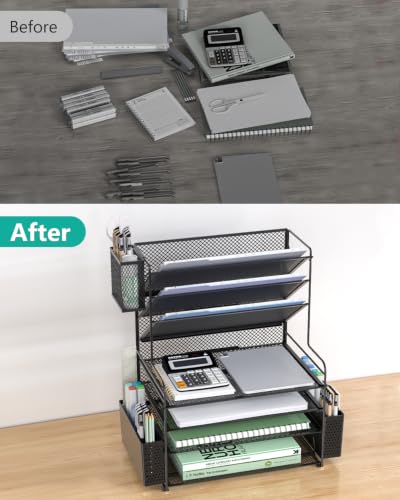 Image of WALI Desk File Organizer, 7 Tier Desktop Paper Letter Tray Organizer with Drawer and 3 Pen Holders, Office Desk Accessories & Workspace Organizers for Office, Home, School Supplies, 1 Pack, Black