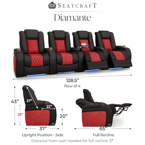 Image of Seatcraft Diamante Black /Red Italian Leather Home Theater Seating, Zero Gravity Power Recliner, Gaming and Home Office Chair, Powered Headrest Furniture for Family Cinema Room, Row of 4