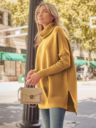 Image of LILLUSORY Women's Turtleneck Oversized Sweaters Long Batwing Sleeve Spilt Hem Tunic Pullover Knit Tops