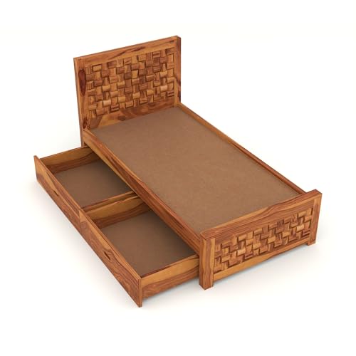 Image of Solid Sheesham Wood Single Size Bed with 2 Drawer Storage Wooden Single Cot Bed for Home Living Room Bedroom Guest Room Hotel (Honey, Size 6 * 3)