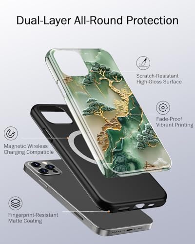 Image of Goodon for iPhone 12 Pro Case /iPhone 12 Case Cute - Wireless Charging Compatible - Dual-Layer Hard Shell + Silicone Cover - Protective Phone Case, Trendy Designs for Women - Gold Inlaid Jade Carving