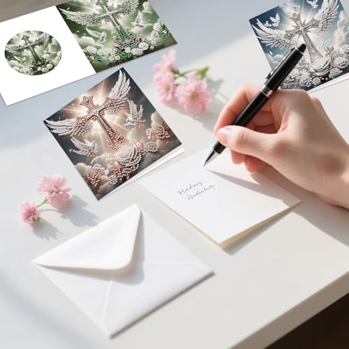 Image of 6 Pack Diamond Painting Greeting Cards with Envelopes, DIY 5D Diamond Art Card Kit Winged Cross Designs, 30x15cm Handmade Religious Cards Crafts for Spiritual Blessings and Faithful Greetings