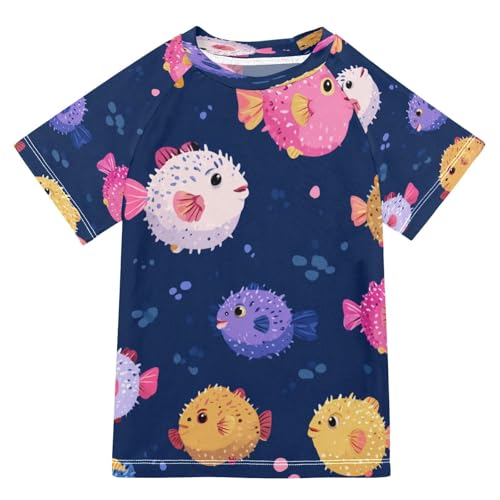 Boys Short Sleeve T-Shirts Blowfishes Fish Blue Rashguard Kids Swim Shirts Sun UPF 50+
