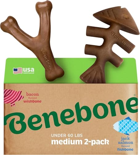 Benebone 2-pack Fishbone/Wishbone Durable Dog Chew Toys, Real Fish, Real Bacon, Made in USA, Medium