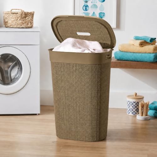 Image of KITCHIVO Plastic Large 55 Ltr Laundry Basket with Lid & Handle | Multipurpose Hamper Bins Storing Washable Clothes, Blankets | Household Ideal for Home & Bathroom (Woods Light Brown)