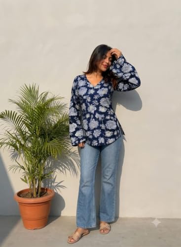 Image of Women Rayon Printed Short Kurti for Women | Floral V Neck Short Kurta Top | Full Sleeve Casual Kurti for Girls & Women