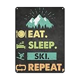 おもしろい冬の標識 Eat Sleep スキー リピート ブリキ看板 ヴィンテージ 雪 金属 装飾 ウォールアート ヴィンテージ 素朴なビーチ ストア バー プラーク ホームスキー ウィンタースポーツ愛好家用 12x17インチ