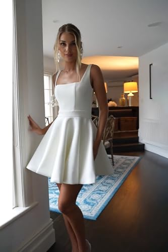 Image of Simple Short Wedding Dresses for Bride 2025 Elegant Off the Shoulder Ruffle Satin Bridal Shower Dress for Women