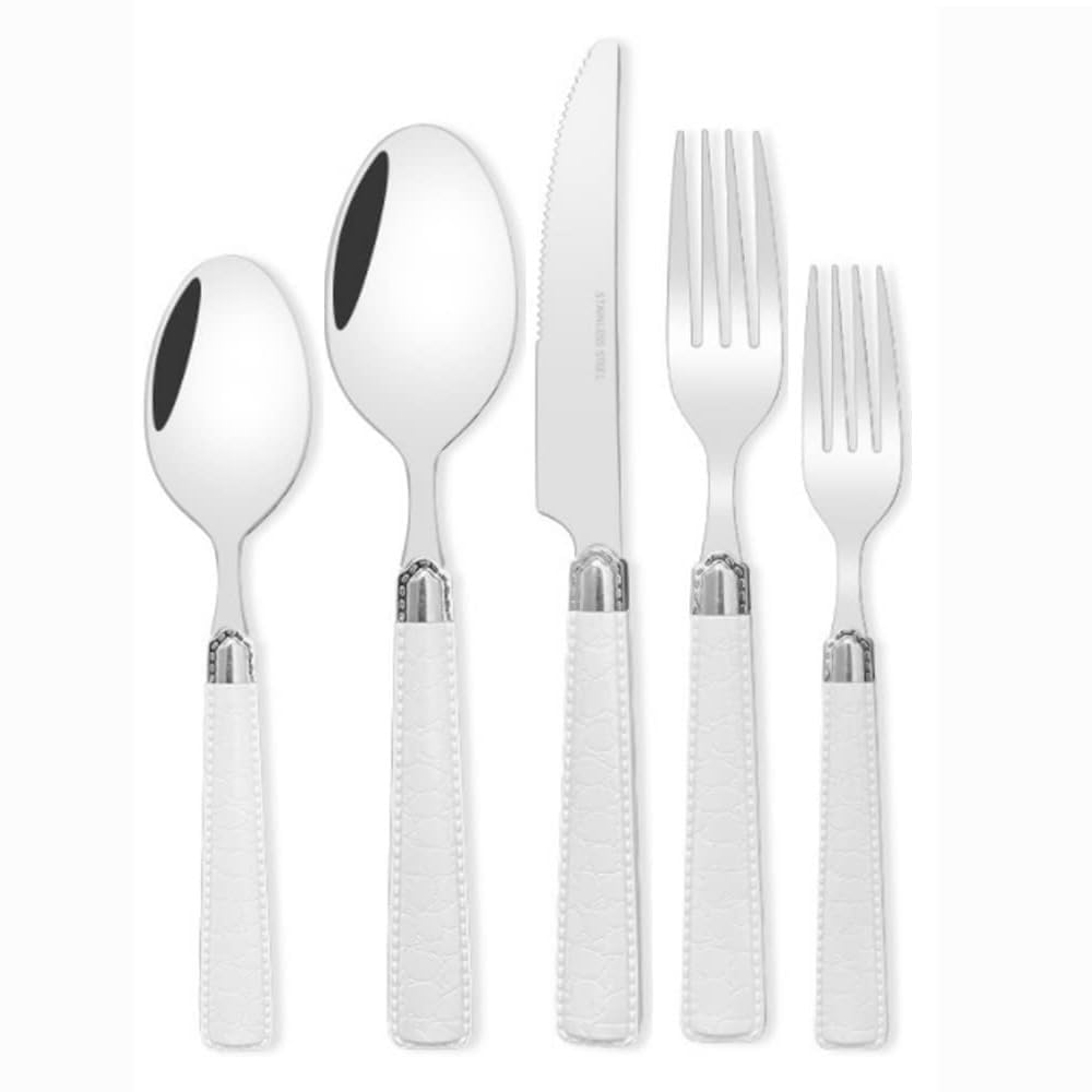 Set di Posate da Cucina in Acciaio Inossidabile con Manico in Pelle ABS, Include Coltello da Bistecca, forchetta, Cucchiaio e cucchiaino da tè, Bianco (5 Pezzi Bianchi)