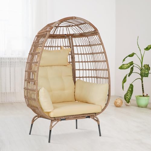 Image of Oversized Egg Chair Outdoor Wicker Egg Chair 352lbs Capacity Outdoor Lounge Chair All Weather PE Rattan Patio Chair with Removeable Thick Cushions for Patio Balcony Backyard Garden Indoor, White