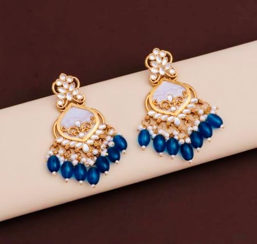 Image of Traditional 20K Gold Plated Kundan Chandbali Earrings with Black Beads and Faux Pearls for Women - Ethnic Wedding & Partyy Wear Statement Jewelry