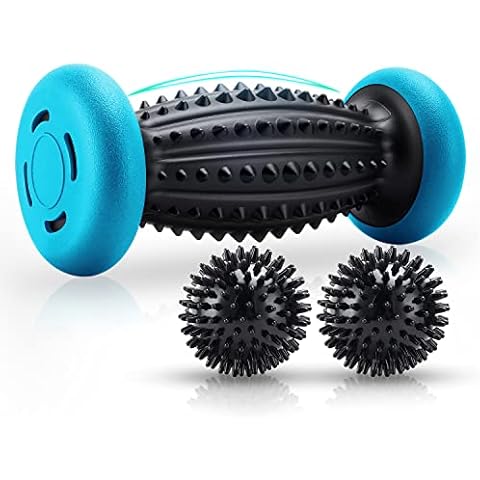 HOFASON Foot Roller Massage Ball for Plantar Fasciitis Relief, Foot Arch Pain, Myofascial Pain and Body Muscle Pain, Foot Massager Reflexology Tool, 1 Foot Massage Roller & 2 Spiky Balls (Black Blue) Cover