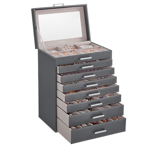 SONGMICS Caja Joyero de 8 Niveles, Caja para Joyas con Espejo, 7 Cajones, Gran Capacidad, Almacenamiento de Joyas, Estilo Moderno, Regalo para Seres Queridos, Gris Pizarra JBC008G02