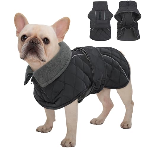 Kuoser Dog Coat Thermal Fleece Lined Dog Jacket, Adjustable Hook & Loop Dogs Coats for Medium Dogs Windproof Reflective Puppy Snow Jackets Pet Cold Weather Clothes with Harness Hole, Grey, M