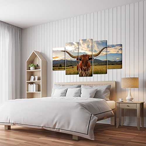 Large 5 Panel Animal Picture For Living Room Texas Longhorn Steer In Rural Utah Painting Cow With Big Horns Wall Art Farm Animals Prints On Canvas Modern Home Decor Giclee Framed Ready To Hang Gift 60X32Inch #TOP1