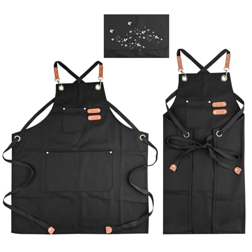Comzantor Delantal Cocina, Impermeable Delantales de Lona, Mandil Cocinero Unisex, Ajustable Mandiles con 3 Bolsillos, Delantal Trabajo, Canvas Apron, para Barbacoa, Jardinería, Pintura (Negro)