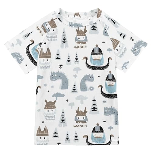 Wudan Cute Vikings Trendy Scandinavian Bathing Suit Girls Short Sleeves Rash Guard for Girls Swimwears Shirts for Youth Boy 11-12Y
