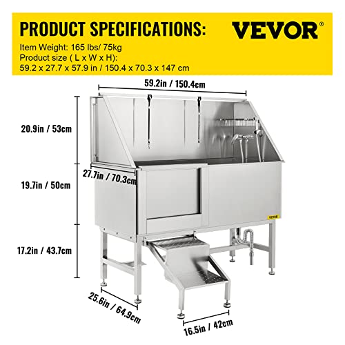 Vevor 62 Inch Professional Grooming Stainless Steel Large Faucet Walk-In Ramp Accessories Dog Washing Station Pet Bath Tub, Silver #TOP6