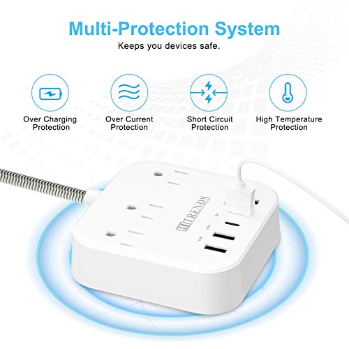 Protector contra sobretensiones MKSENSE con extensión de 3 tomas y 4 USB-A y 1 USB-C, cable de 3.05 m, enchufe plano girado 45° miniatura 5