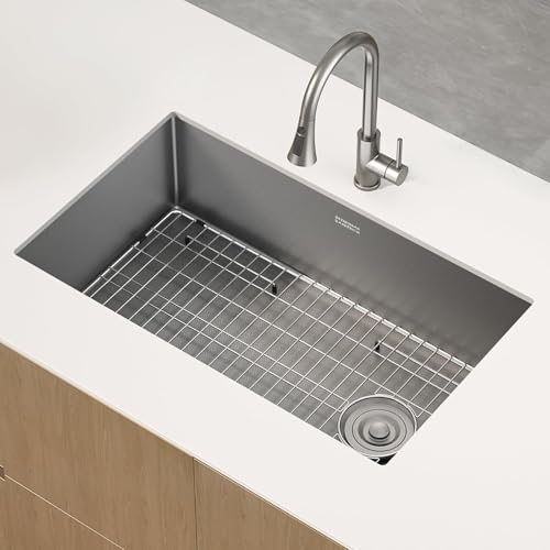 Image of 32 Inch Undermount Kitchen Sink, 304 Stainless Steel with Nano Coating, Single Bowl, Modern Design for Workstation, RV, Prep Kitchen & Bar, Drain Assembly Included, 32x19 Inch (Silver)