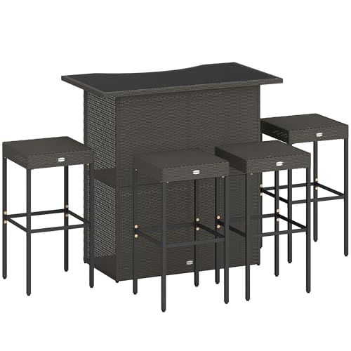 Outsunny 5 Pcs Rattan Wicker Bar Set, High Top Outdoor Table and Chairs, Bar Height Patio Set with Glass Table Top 2 Tier Storage Shelf, and 4 Bar Stools for Garden, Poolside, Dark Brown