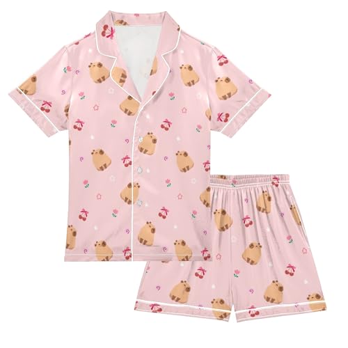 Cute Capybara with Cherry Prints Summer Satin Pajama Set, Cute Button-Down Sleepwear Pj Set for Sleep Wears