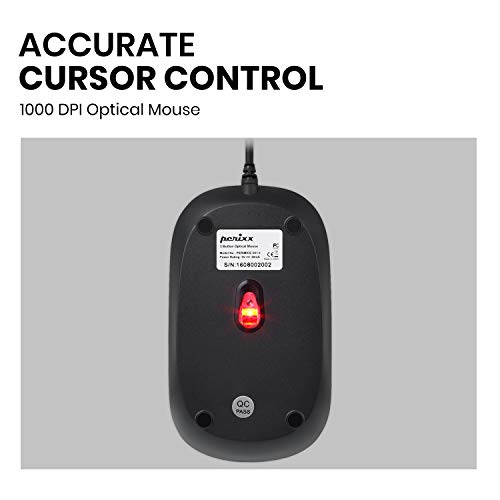 Image of Perixx PERIMICE-201U B, Wired USB Mouse - 3 Button - 800dpi Optical Resolution - Illuminated Wheel - 5 Ft Cable - Black