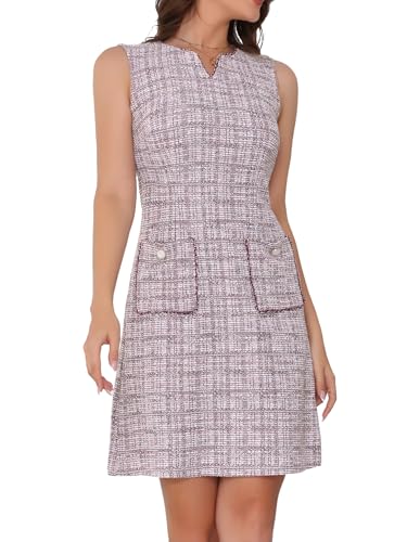 Allegra K Tweed-Kleid für Damen, elegant, kariert, ärmellos, Taschen, Reißverschluss, Business, Freizeit, Arbeitskleider, rosa / weiß, M