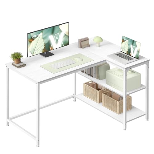 VASAGLE Scrivania Angolare a L, Scrivania Gaming per Computer con Scaffale Reversibile, Ripiano Regolabile in Altezza, per Studio Ufficio, 110 x 80 cm, Bianco Acero LWD135WF01