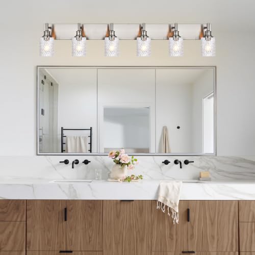 Image of 6 Lights Brushed Nickel Bathroom Light Fixture, Clear Fluted Glass | Modern Bathroom Vanity Lighting Fixtures over Mirror, E26 Socket Metal Wall Sconces, for Bedroom, Living Room, Powder Room